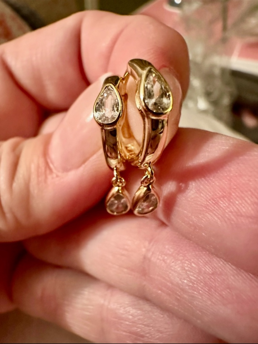 Adina Eden Double CZ Pear Dangle Huggie Earrings